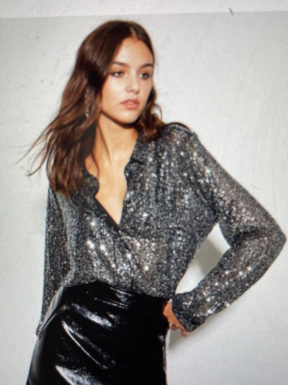 Women's Sequined Long Sleeve button front blouse - Metallic Silver-nwt